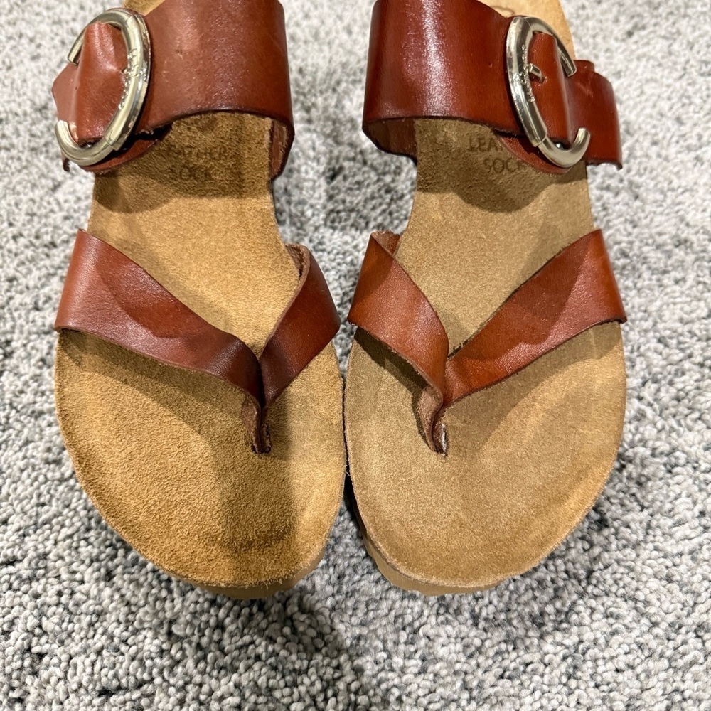 Yokono Made in Spain Toe Loop Wedge Sandals Brown Leather Cork Base Women’s US 8 - Picture 2 of 13